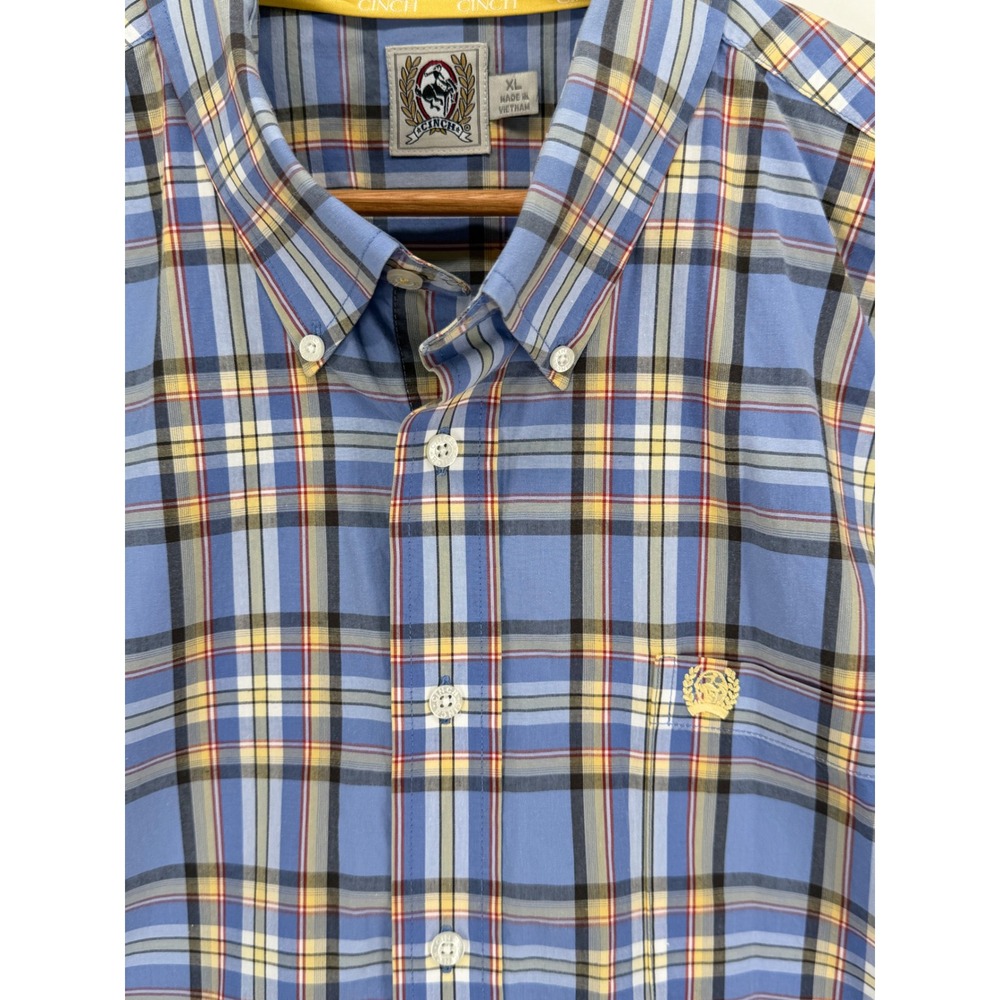 Cinch Mens XL Blue Plaid Long Sleeve Button Down Shirt Western Logo Pocket
